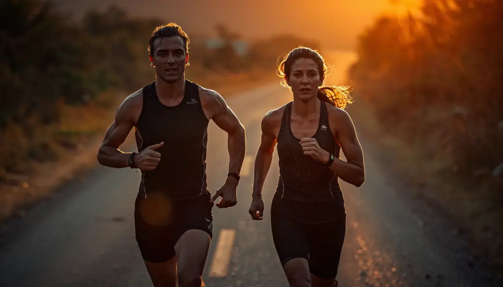 Why Most Athletes Plateau (And What to Do About It) Male and Female endurance runners in his mid-30s mid-stride on a rural South African road at sunrise, focused expression, dramatic golden-hour lighting